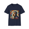 Navy dog t-shirt with Airedale terrier in hoodie and vibrant multicolor swirl background.