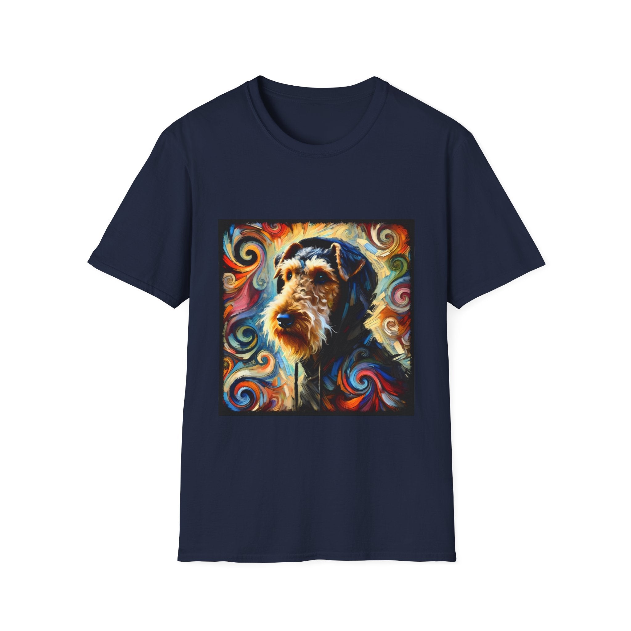 Navy dog t-shirt with Airedale terrier in hoodie and vibrant multicolor swirl background.