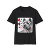 Black dog t-shirt featuring sketch-style Westie with red hearts and abstract black line accents.