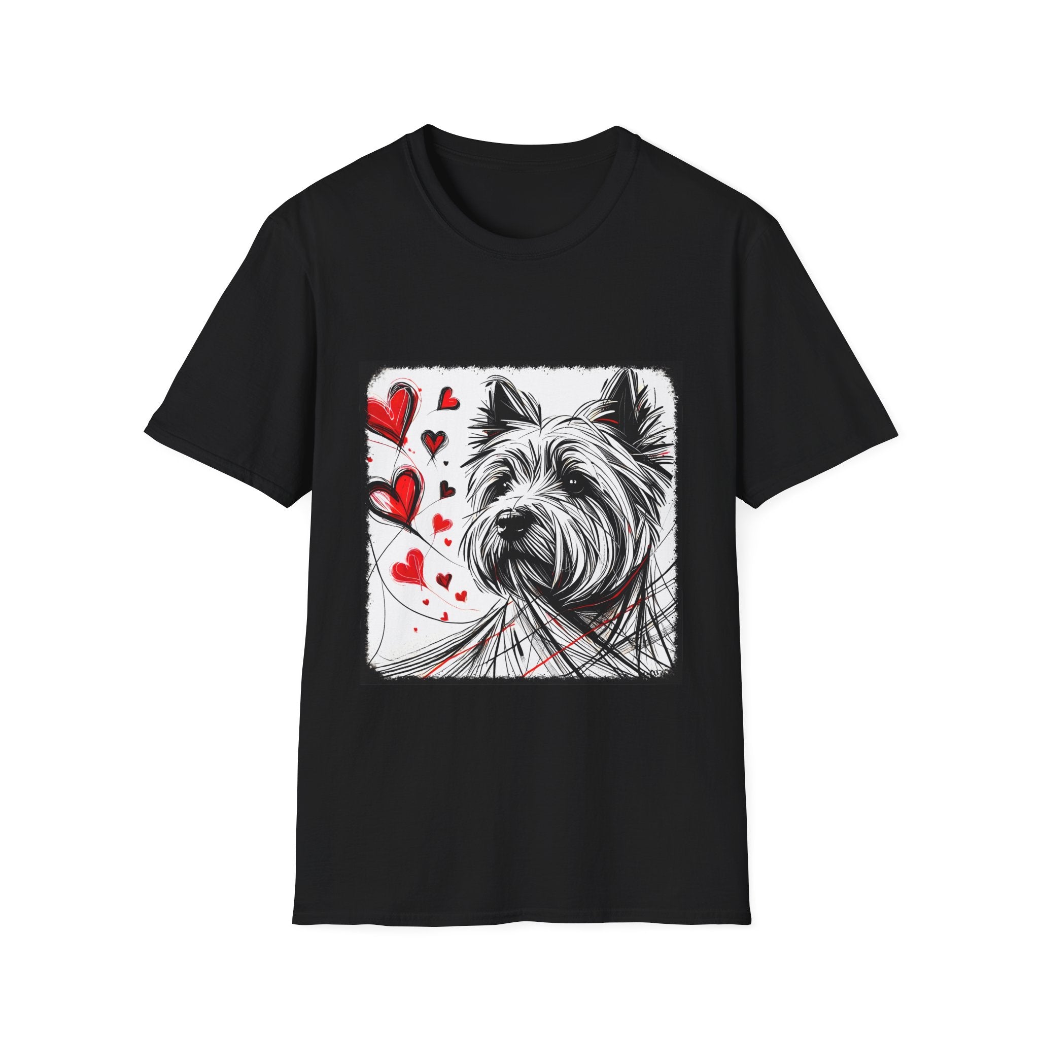 Black dog t-shirt featuring sketch-style Westie with red hearts and abstract black line accents.