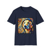 Navy dog t-shirt with golden retriever in hoodie, swirled background in orange, yellow, and teal tones.