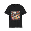 Black dog t-shirt featuring fawn French Bulldog with collar lounging on colorful swirl settee with vivid abstract background.