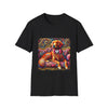 Black dog t-shirt with golden retriever in pink bow on vibrant swirl settee with heart details.