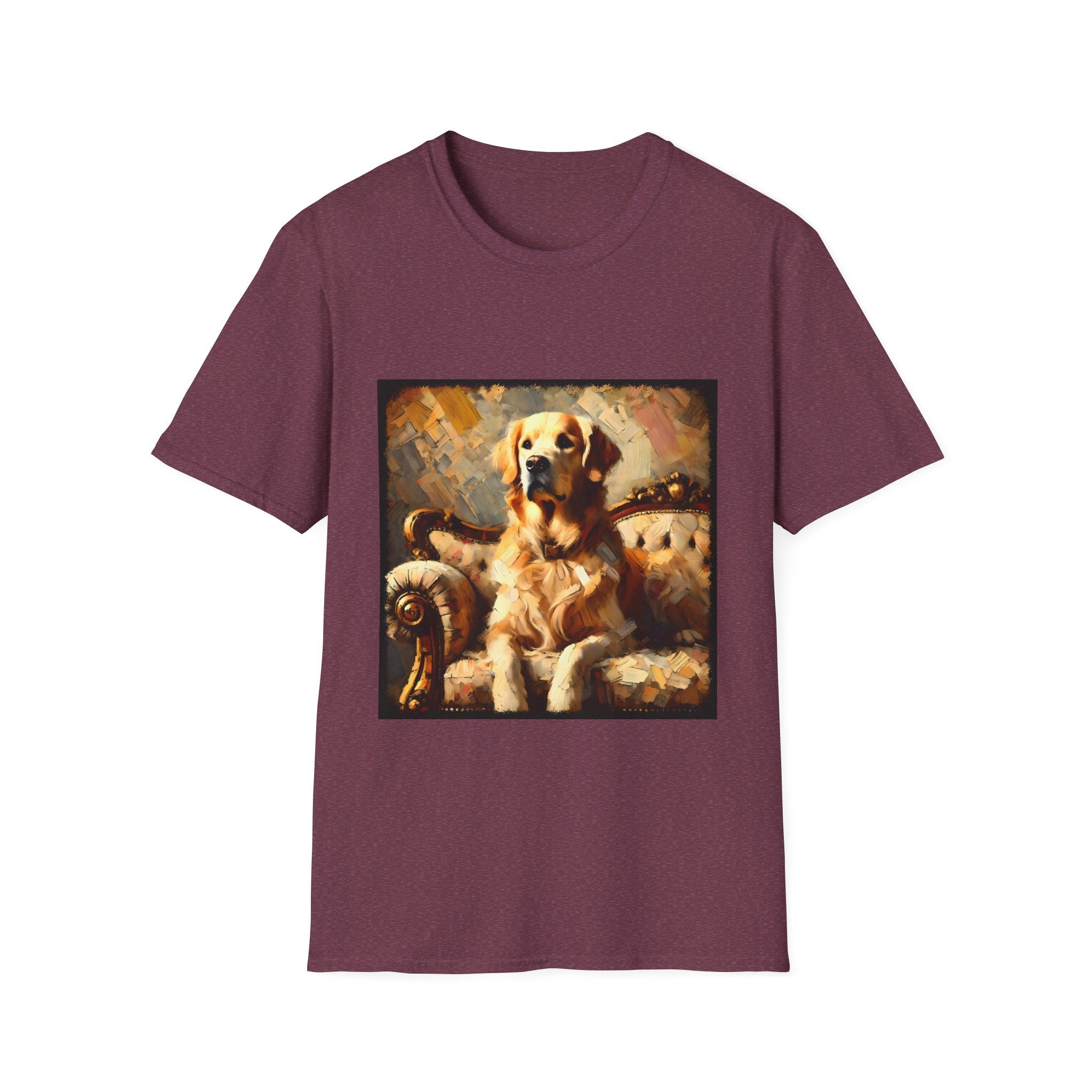 Heather maroon dog t-shirt with golden retriever on ornate couch, painted in rich textured brushstrokes.