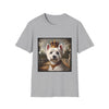 Sport gray dog t-shirt featuring regal Westie in gold crown and collar on palace terrace background.