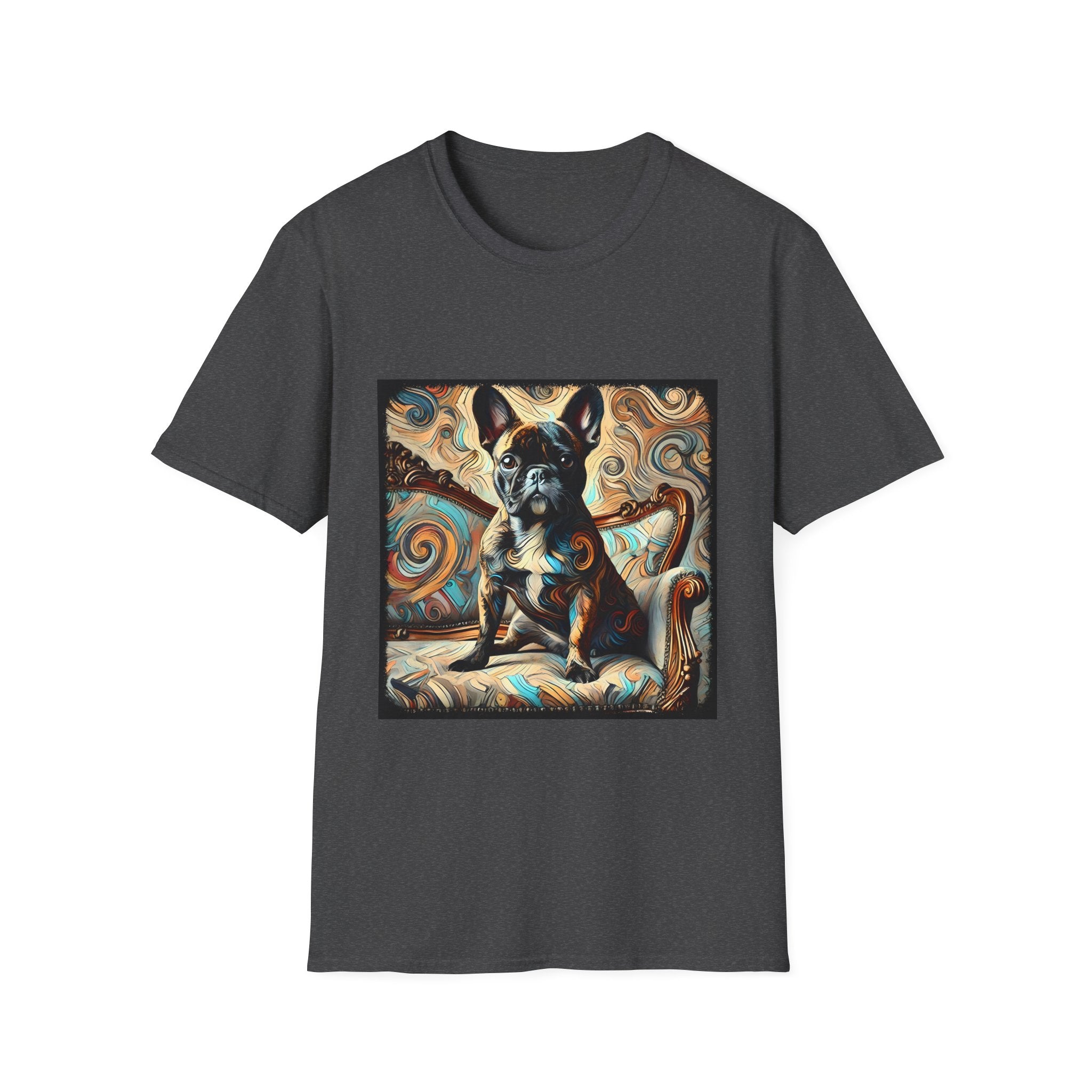 Charcoal dog t-shirt featuring black and tan French Bulldog on ornate settee with swirl pattern background.