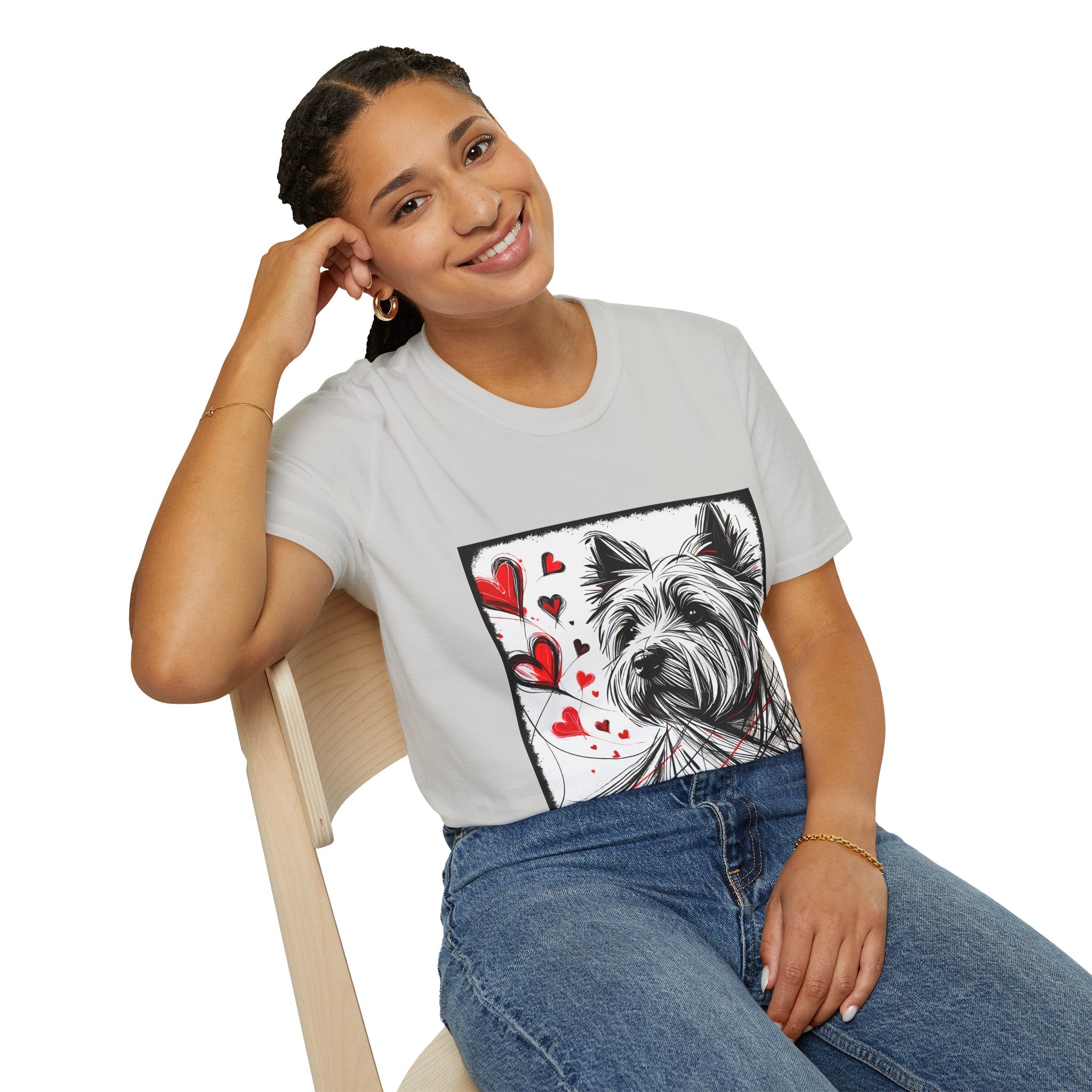 Female model in ice gray dog t-shirt featuring sketch-style Westie with red hearts and abstract black line accents.