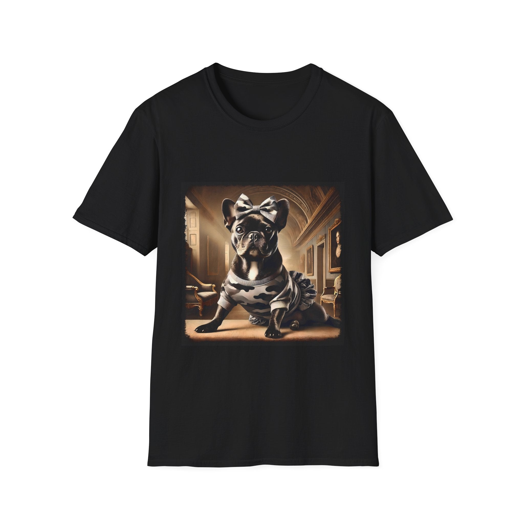 Black dog t-shirt featuring black French Bulldog in camo dress and bow, set in sepia-toned palace hall.