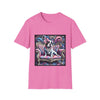 Pink dog t-shirt featuring a black and white French Bulldog with a pink bow, seated on a tufted pink and gold settee against a swirling blue, pink, and purple expressionist-style background.