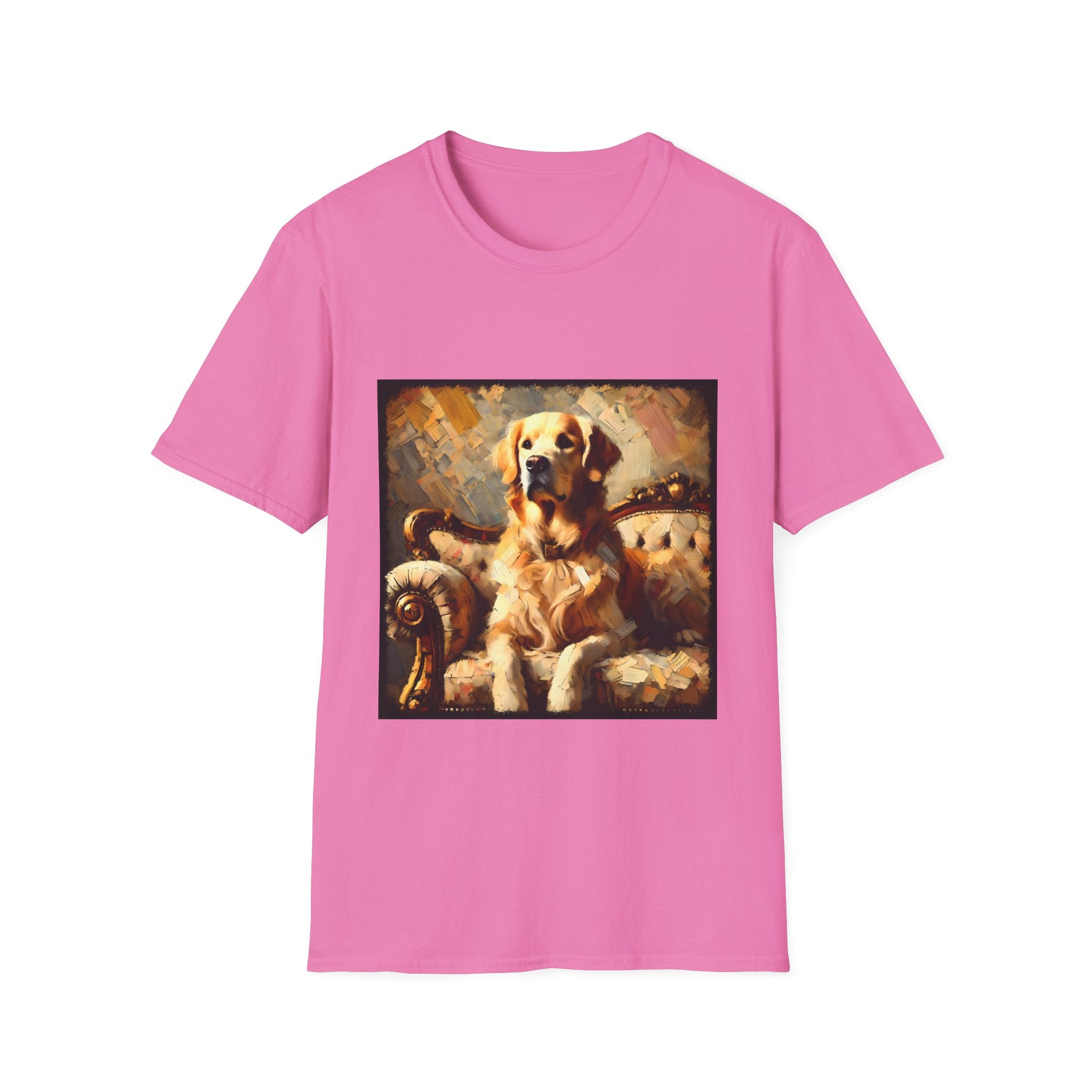 Pink dog t-shirt with golden retriever on ornate couch, painted in rich textured brushstrokes.