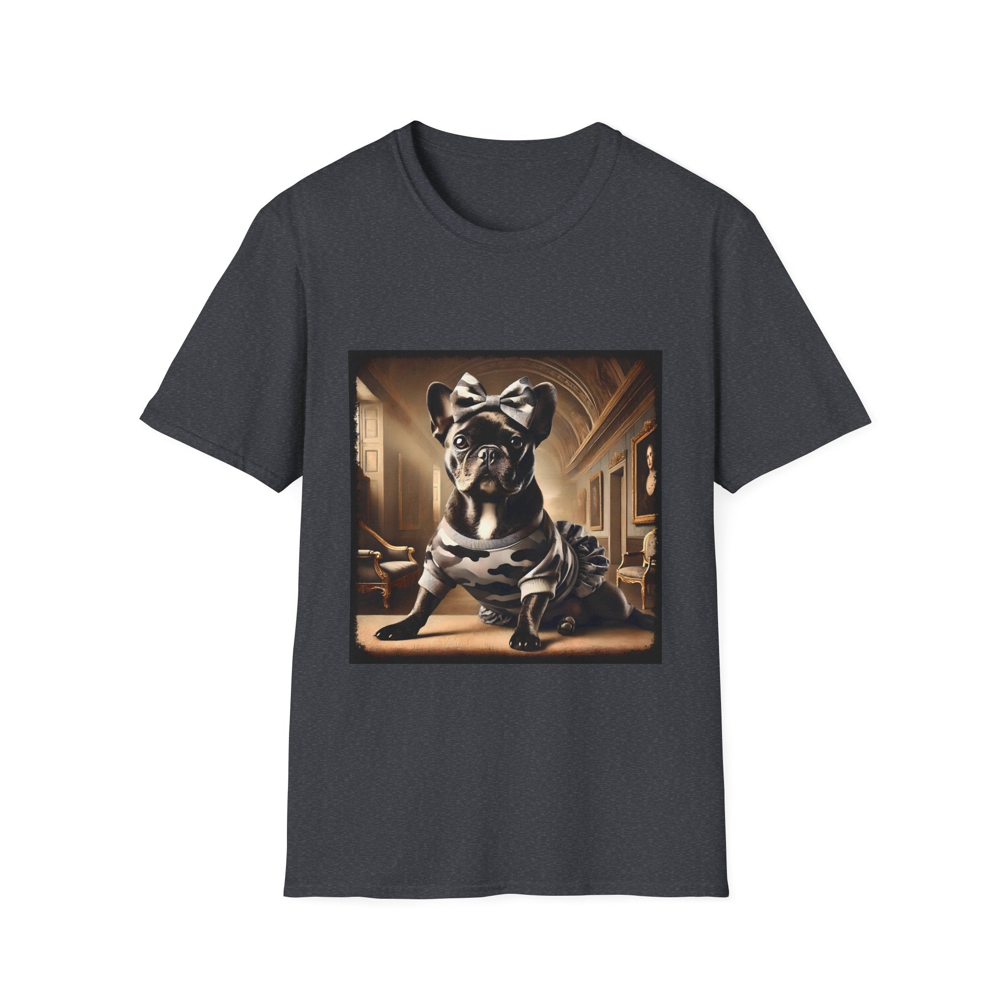Dark heather gray dog t-shirt featuring black French Bulldog in camo dress and bow, set in sepia-toned palace hall.