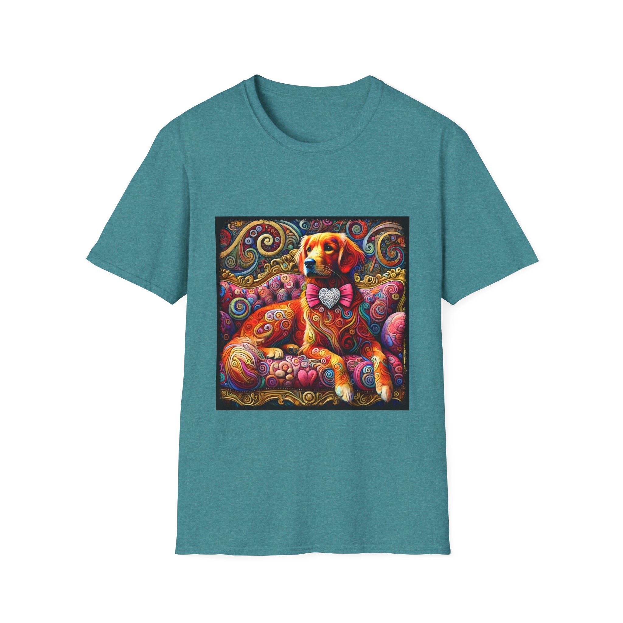 Teal dog t-shirt with golden retriever in pink bow on vibrant swirl settee with heart details.