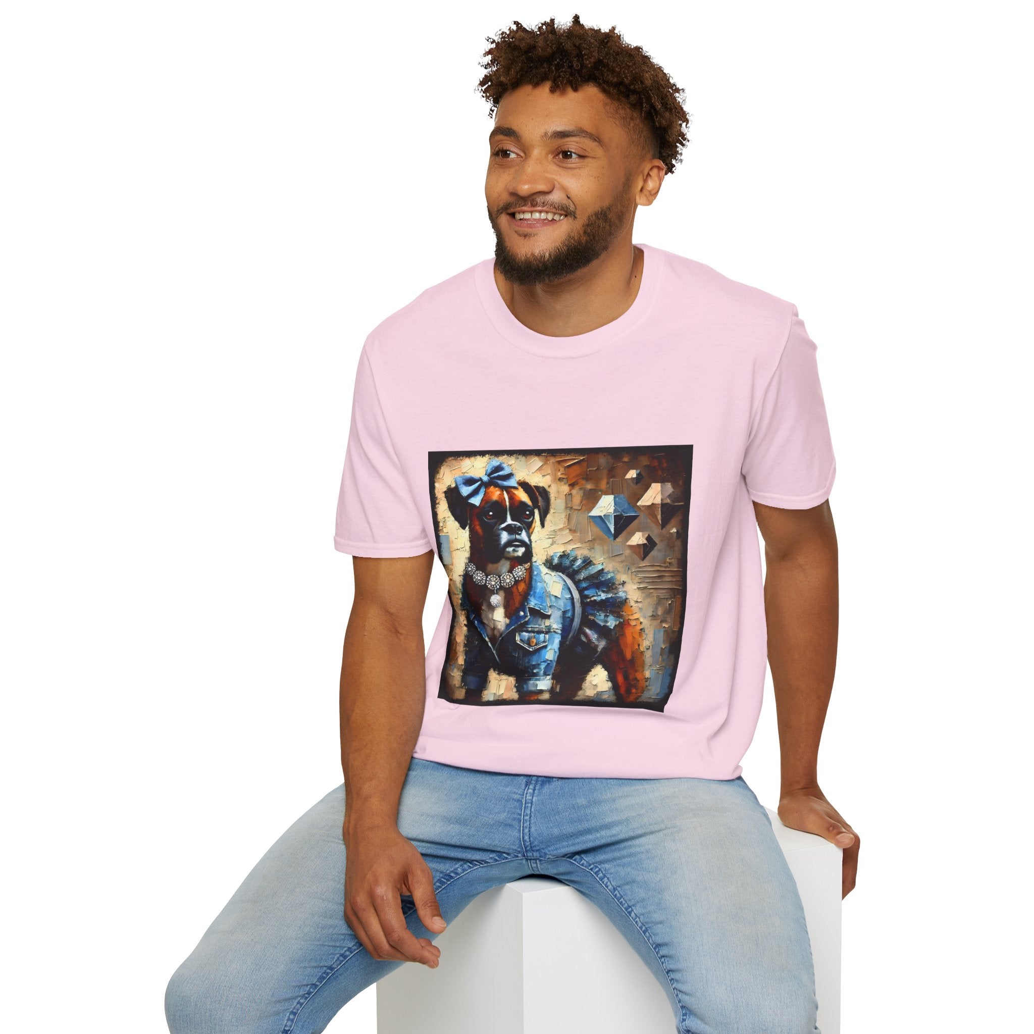 Male model in light pink dog t-shirt with boxer in denim ruffle dress, blue bow, diamond collar, and abstract gem background.