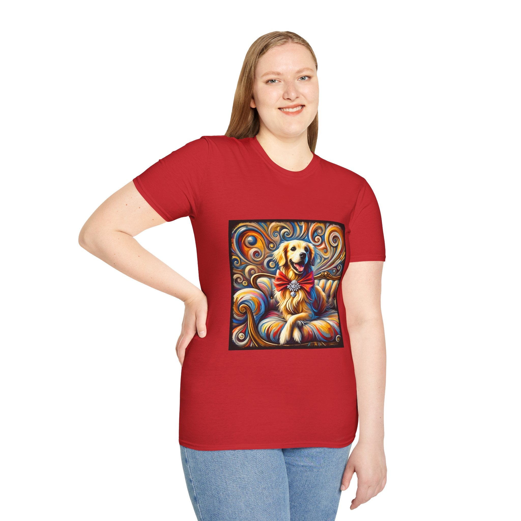 Female model in red dog t-shirt featuring golden retriever with red bow on colorful swirl settee background.