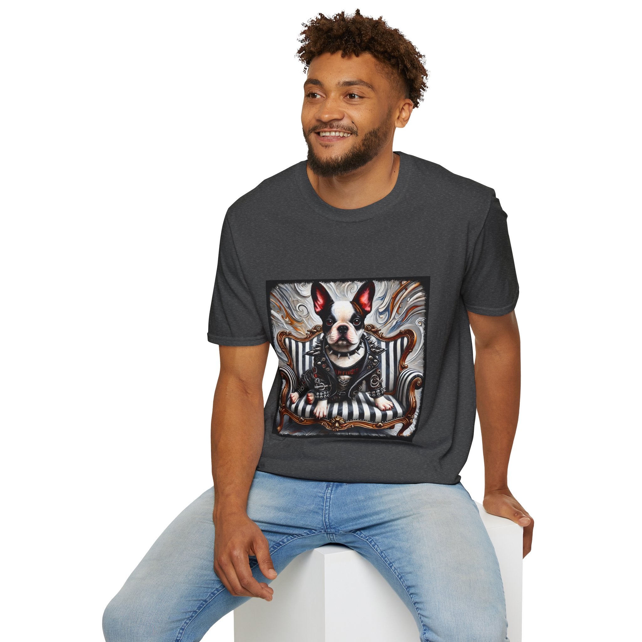 Male model in charcoal gray dog t-shirt featuring Boston Terrier in leather studded jacket on striped chair with metallic swirl background.