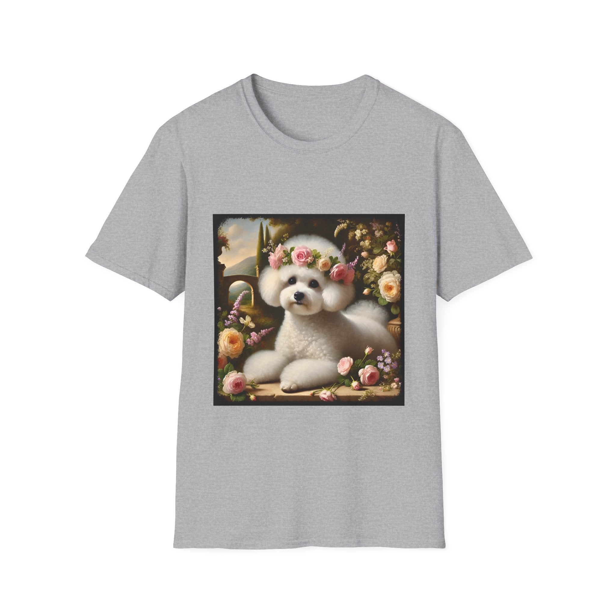 Gray t-shirt with a Bichon Frise wearing a floral crown design on a white background