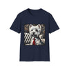 Navy blue dog t-shirt featuring a Westie in a red tie seated on a tufted chair in a wood-accent room.
