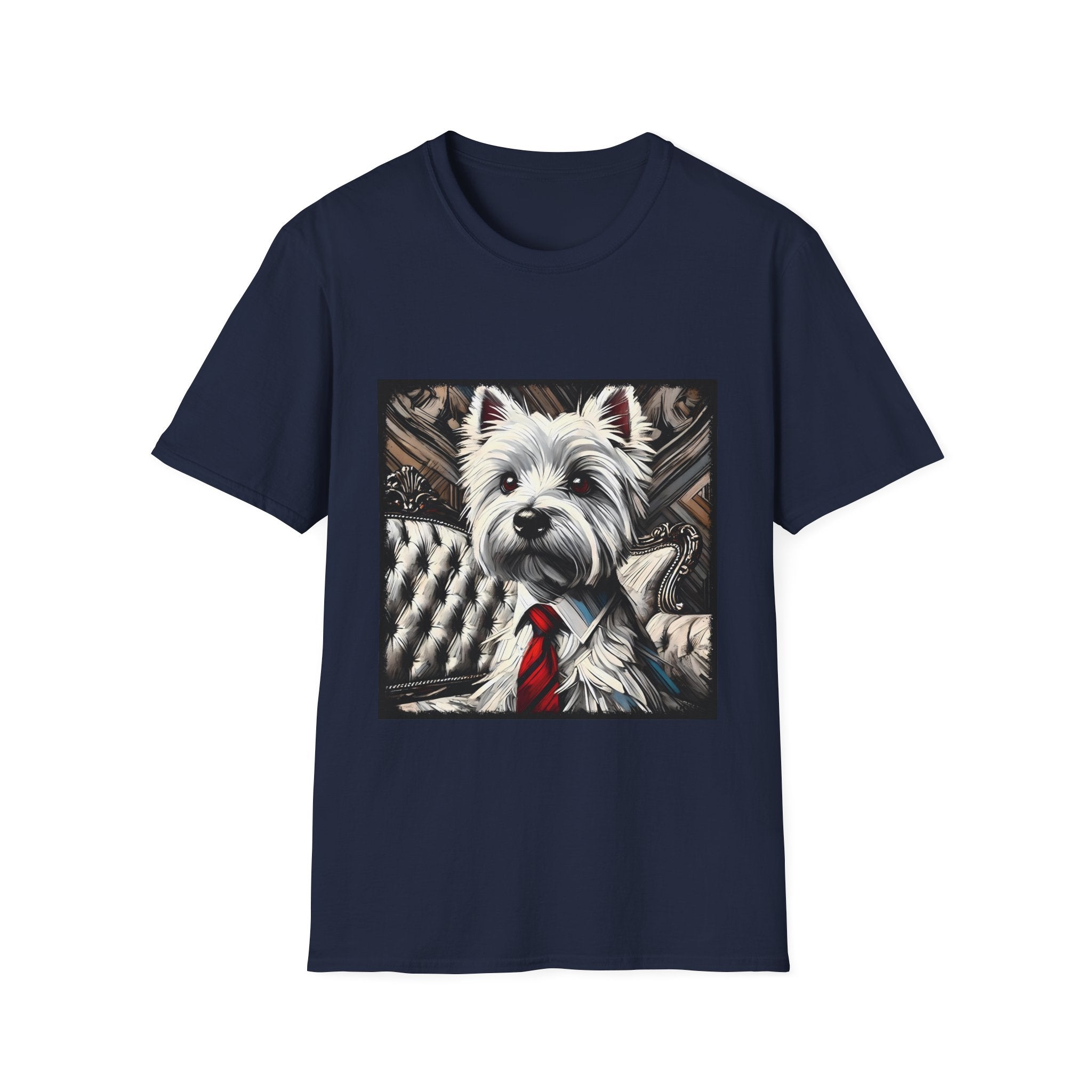 Navy blue dog t-shirt featuring a Westie in a red tie seated on a tufted chair in a wood-accent room.