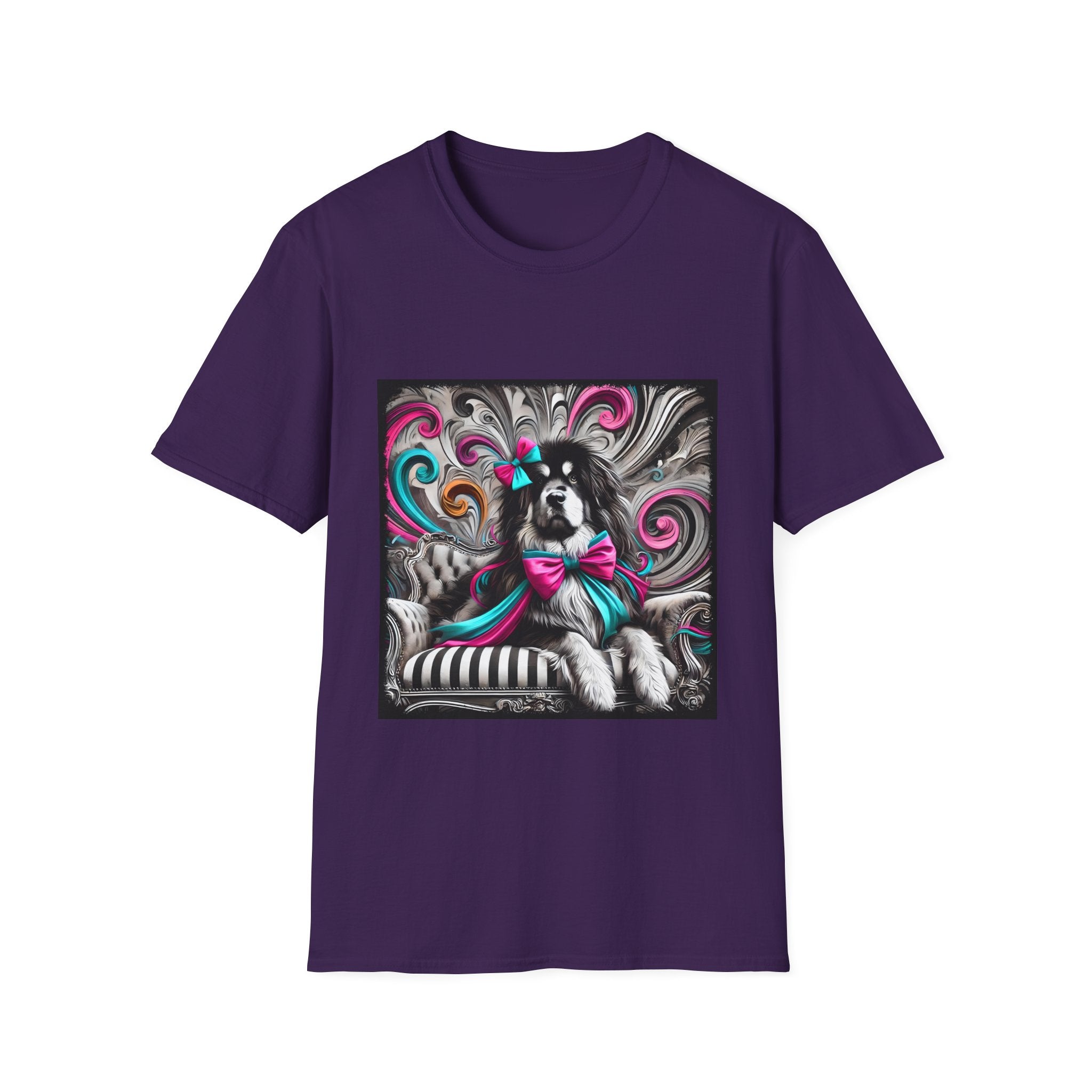 Tibetan Mastiff B&W Pink and Teal Bow | Unisex Dog T-Shirt