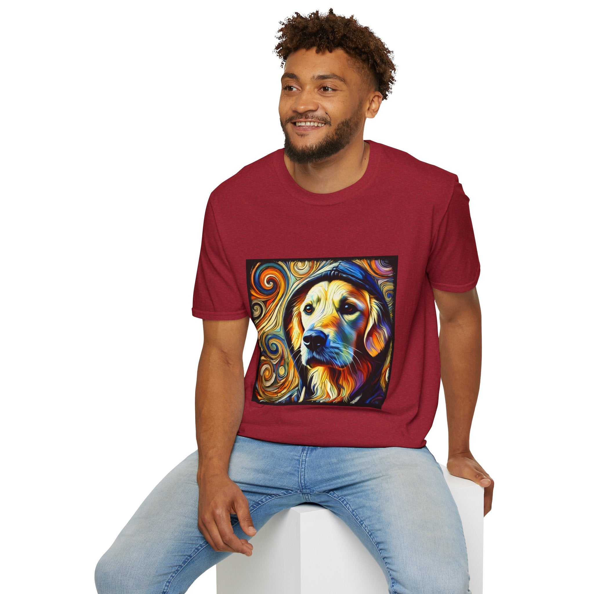Male model in antique cherry red dog t-shirt with golden retriever in hoodie, swirled background in orange, yellow, and teal tones.
