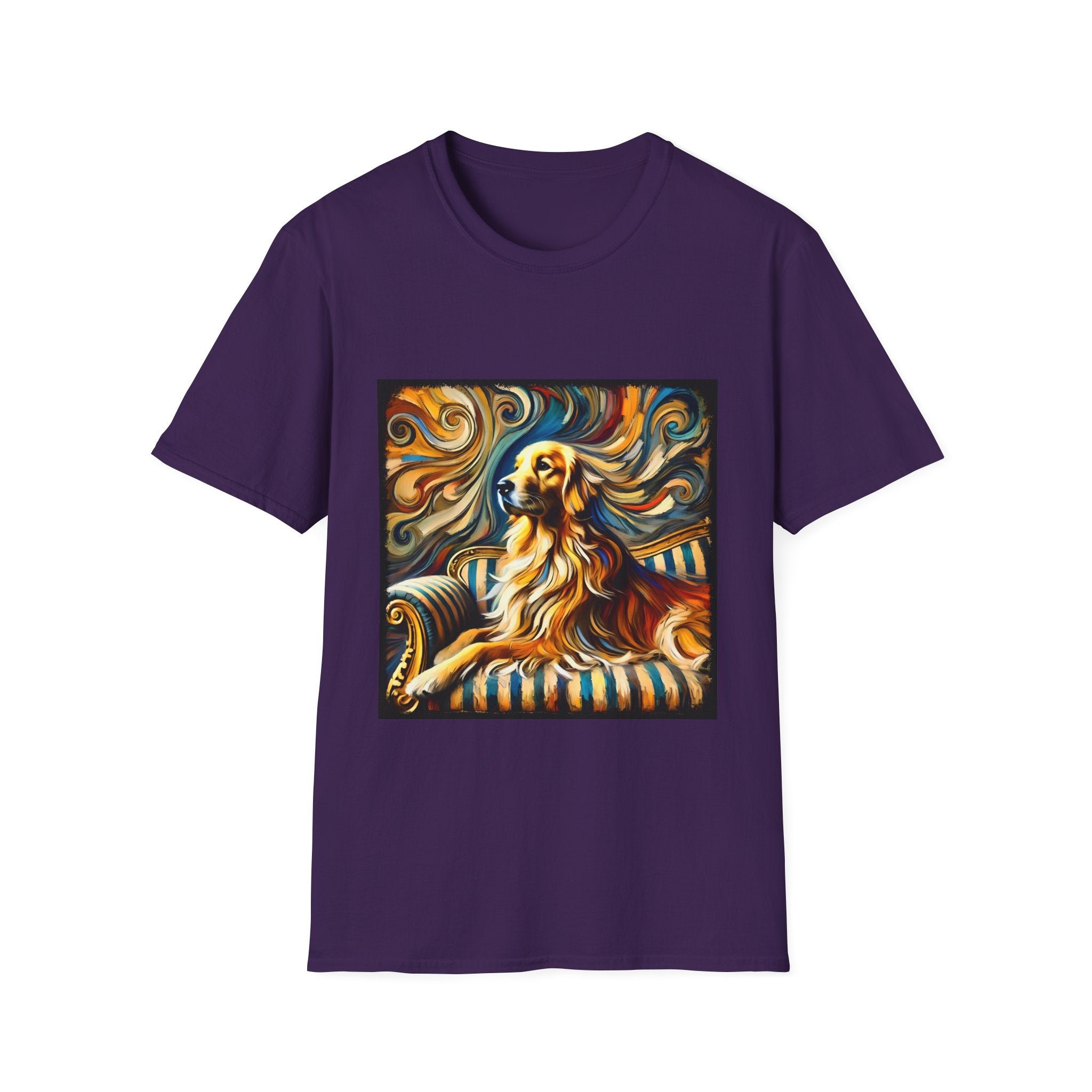 Purple dog t-shirt featuring golden retriever on striped settee with swirling abstract background in golds.