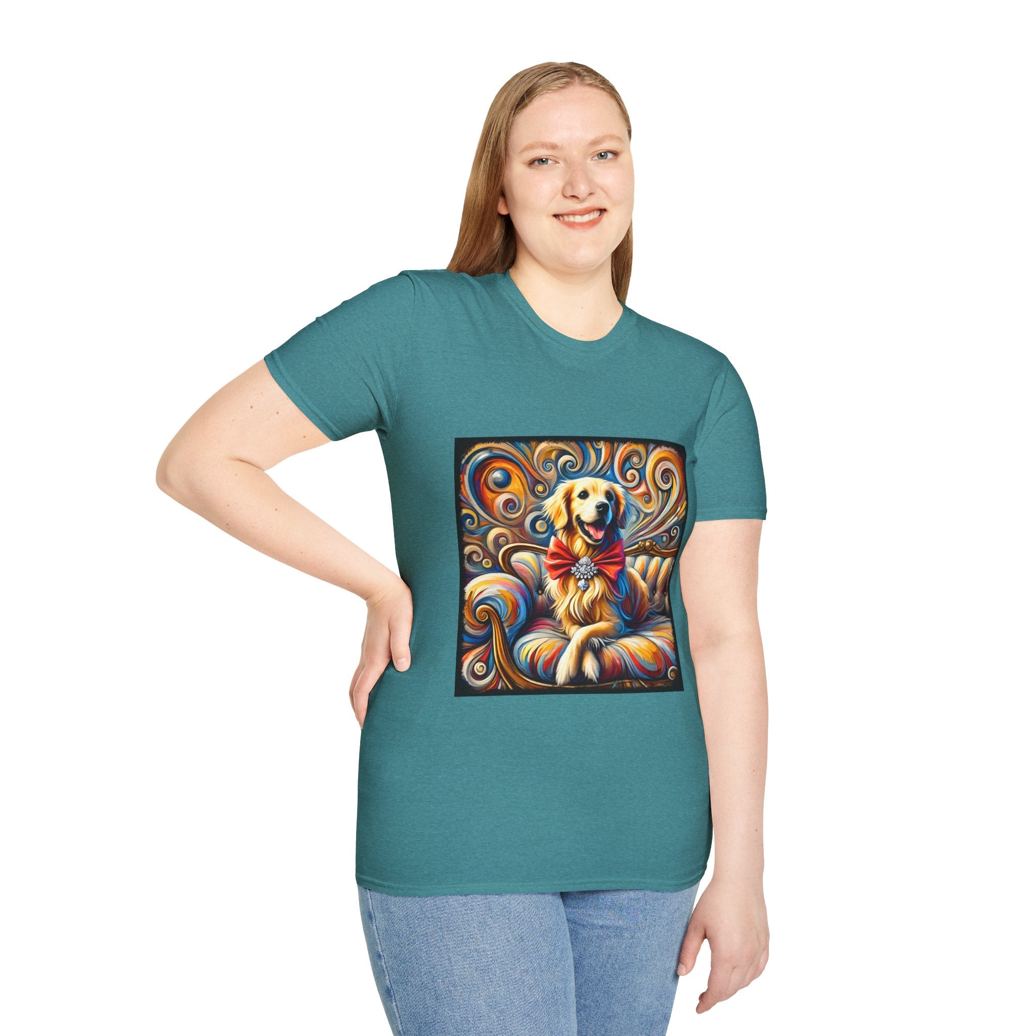 Female model in teal dog t-shirt featuring golden retriever with red bow on colorful swirl settee background.
