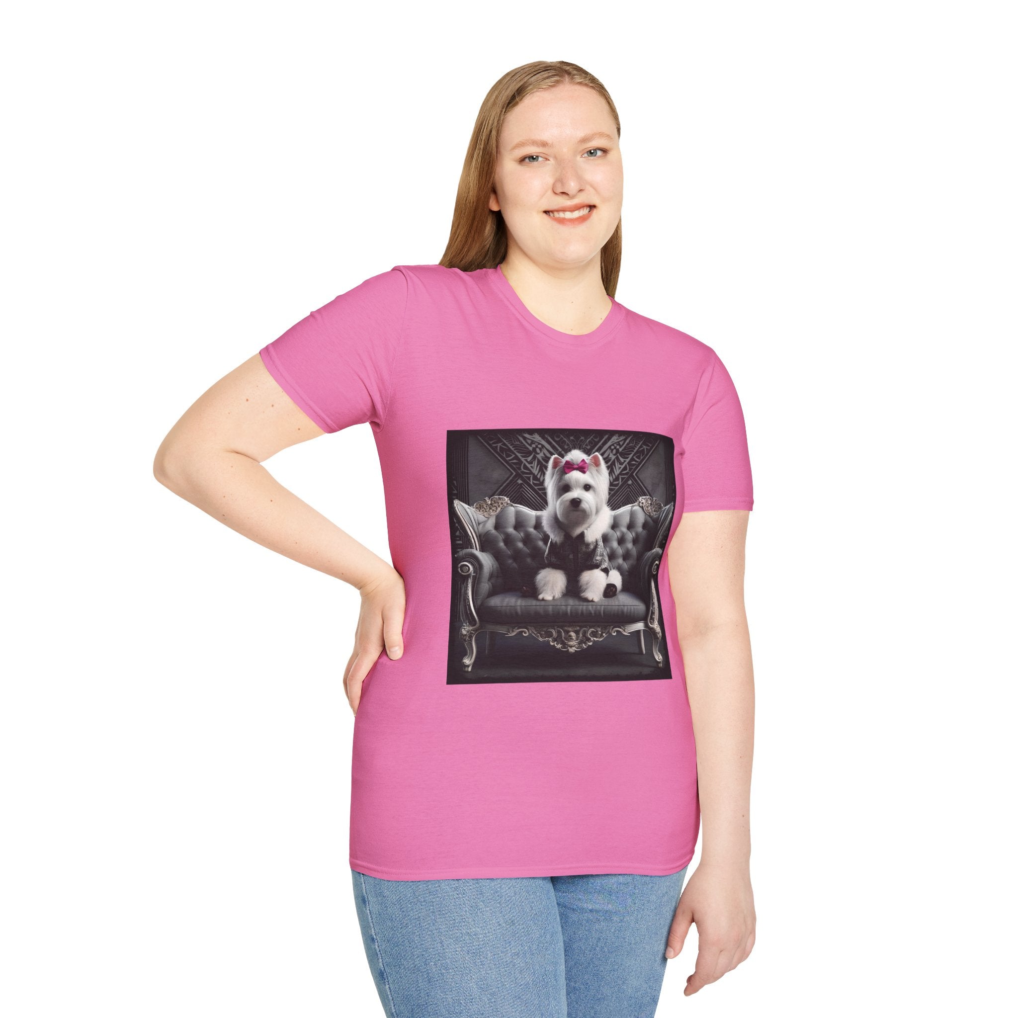 Female model in pink dog t-shirt featuring Westie in black outfit with pink bow seated on ornate gothic black couch.