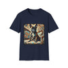 Navy blue dog t-shirt featuring black and tan French Bulldog on ornate settee with swirl pattern background.
