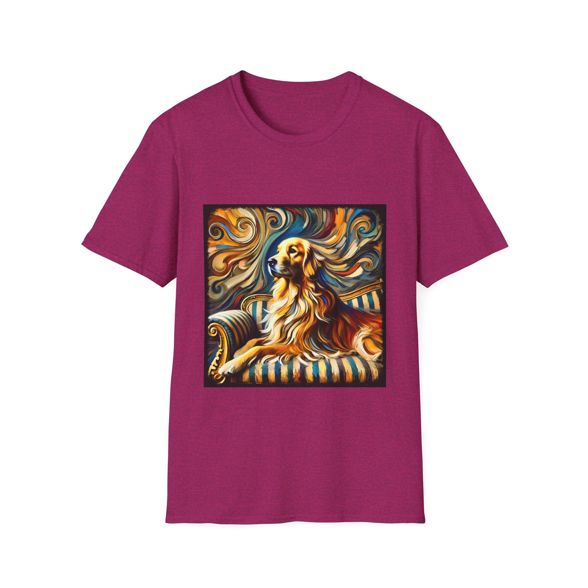 Heather raspberry dog t-shirt featuring golden retriever on striped settee with swirling abstract background in golds.