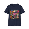 Navy dog t-shirt with golden retriever in striped outfit and pink bow on bold pop-art settee.