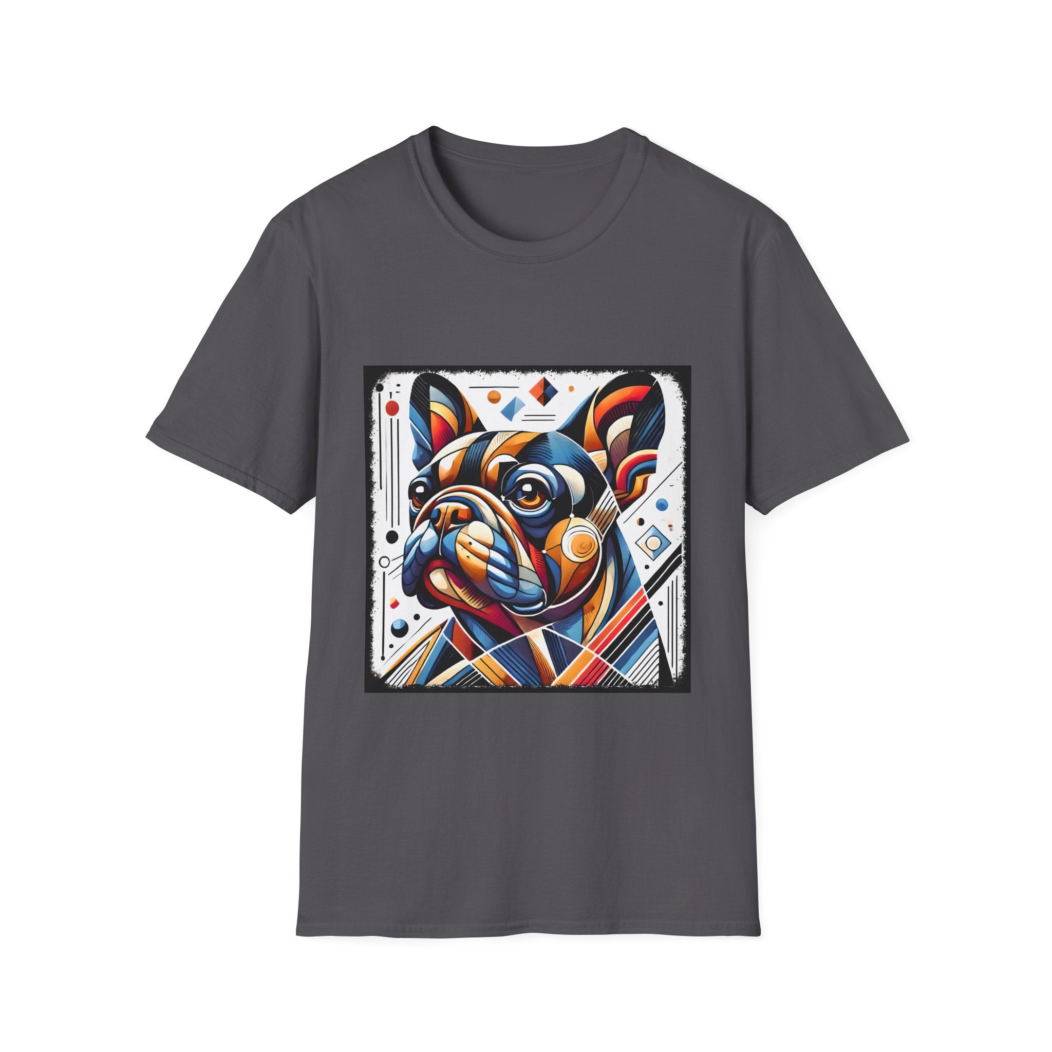 Charcoal dog t-shirt featuring geometric-style French Bulldog in vivid orange, blue, and red against a white abstract background.