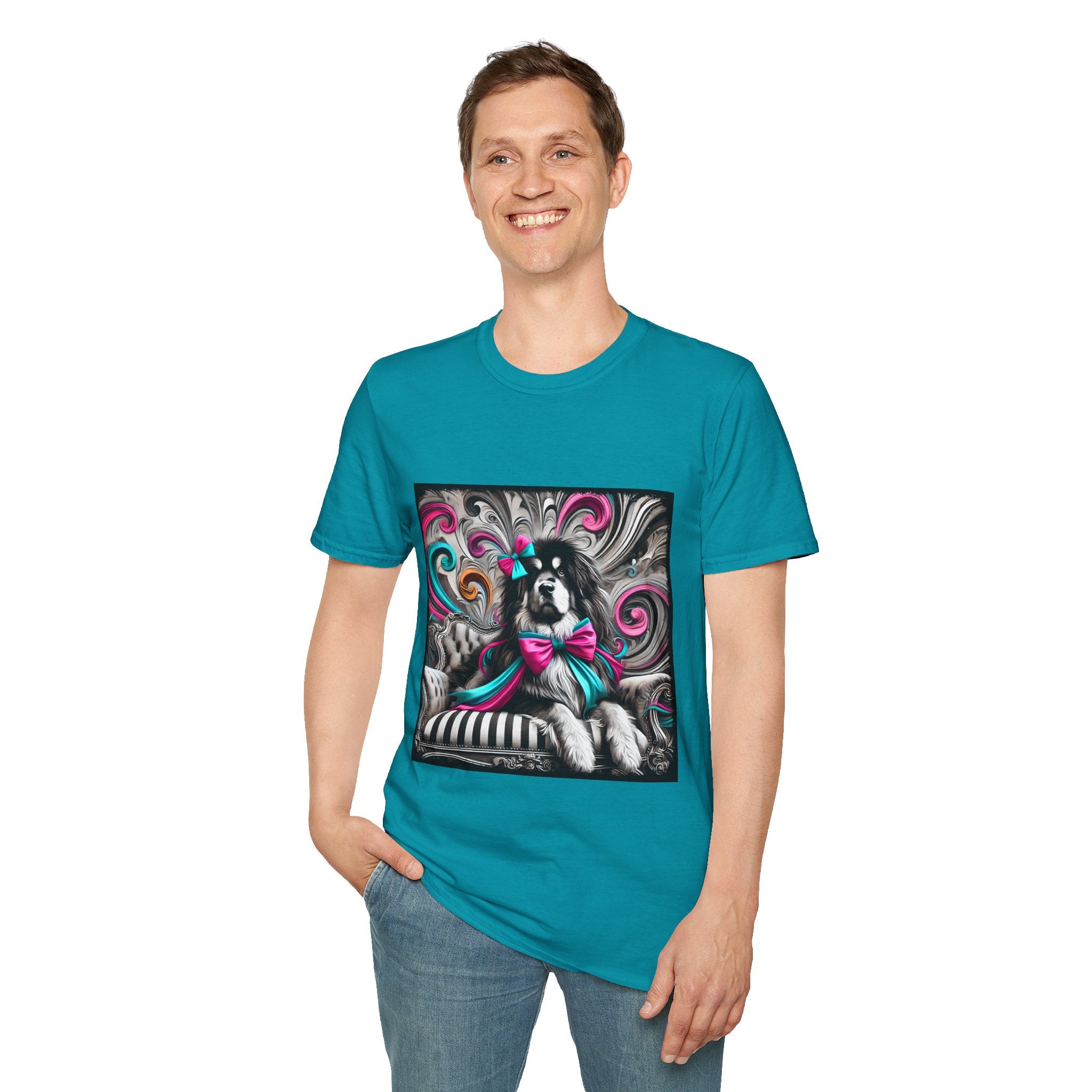 Tibetan Mastiff B&W Pink and Teal Bow | Unisex Dog T-Shirt