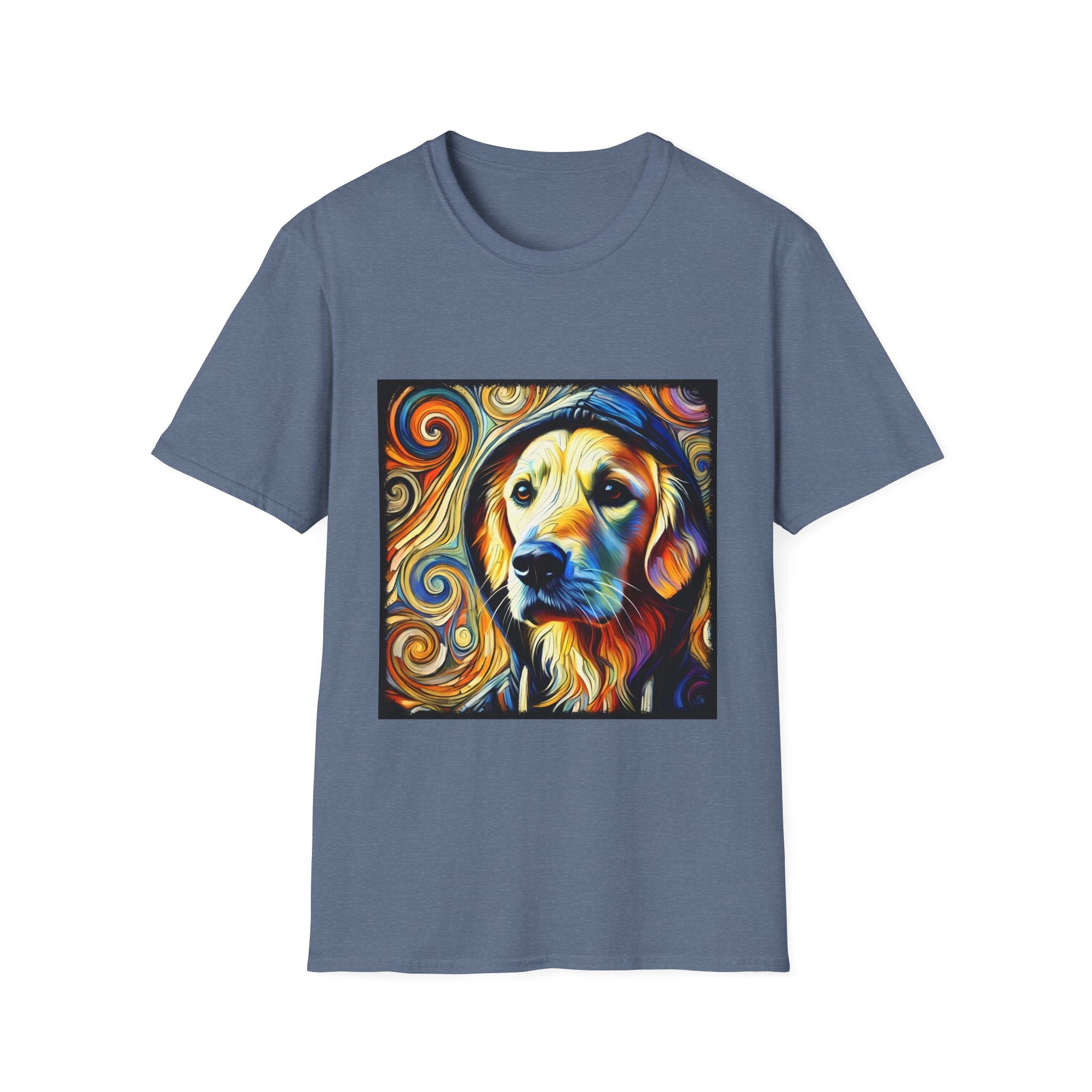 Heather indigo dog t-shirt with golden retriever in hoodie, swirled background in orange, yellow, and teal tones.