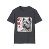 Dark heather gray dog t-shirt featuring sketch-style Westie with red hearts and abstract black line accents.