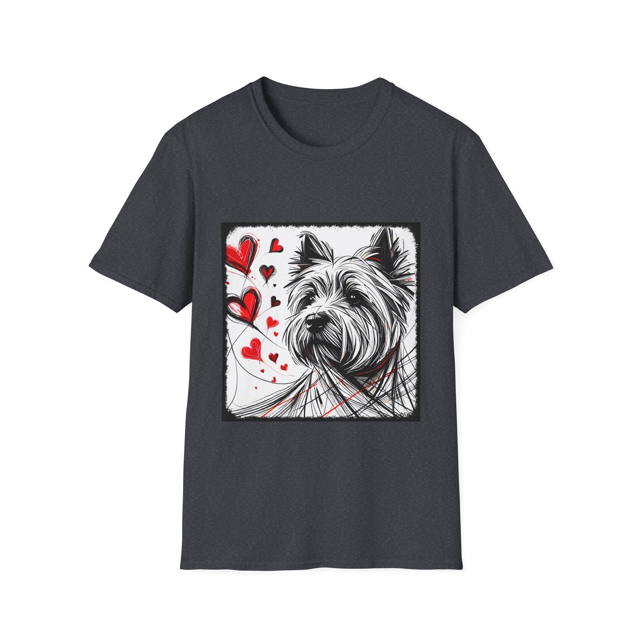 Dark heather gray dog t-shirt featuring sketch-style Westie with red hearts and abstract black line accents.