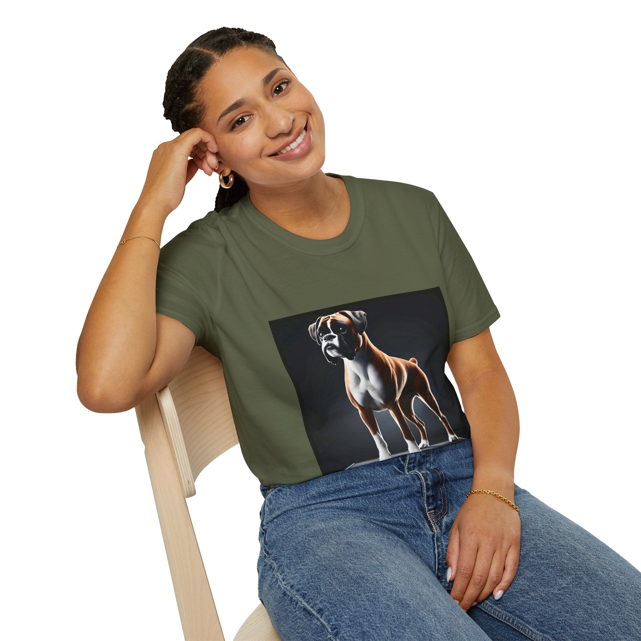 Female model in military green dog t-shirt featuring standing boxer on platform with black background and dramatic lighting.