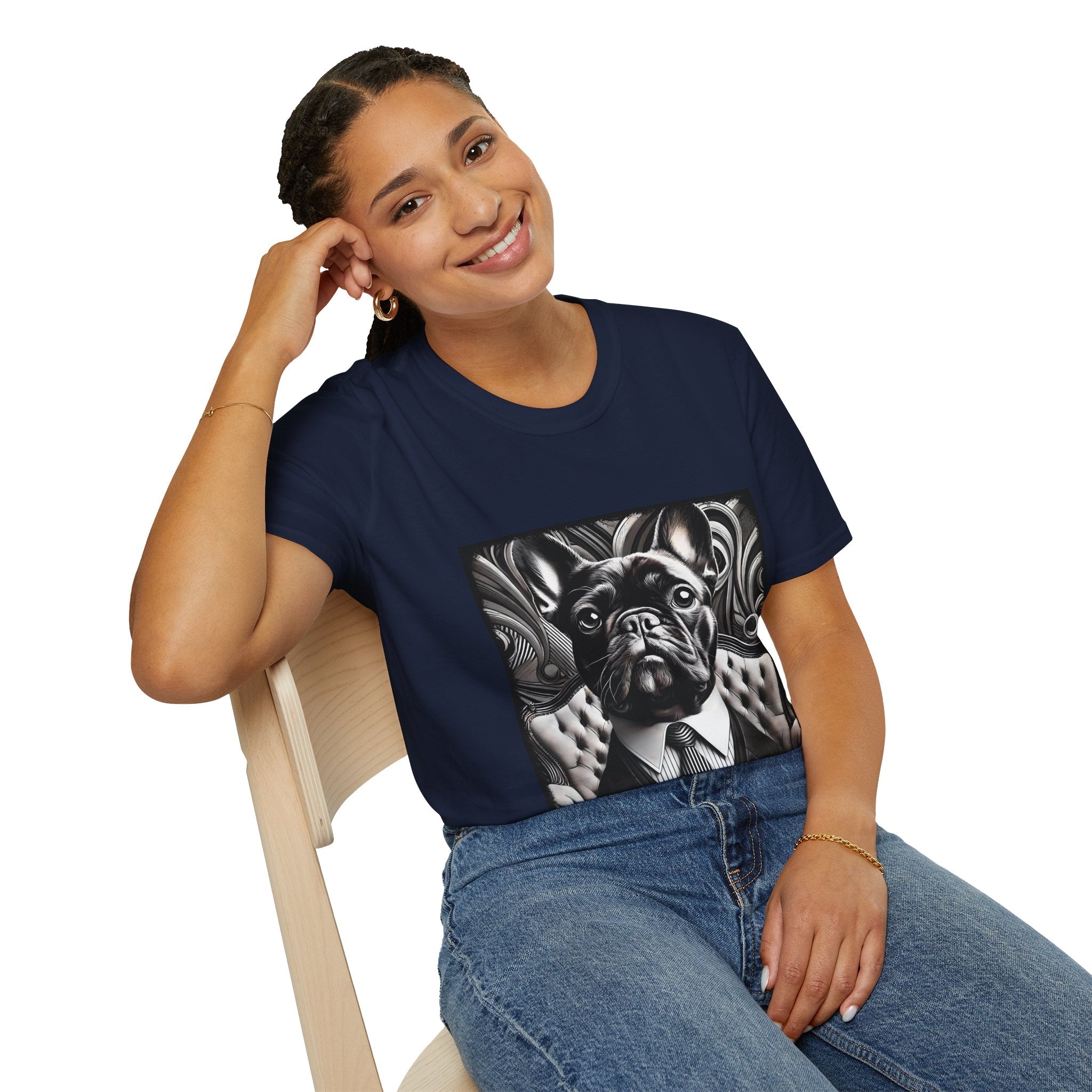 Woman sitting in navy blue dog t-shirt featuring black French Bulldog in suit with monochrome swirl background.