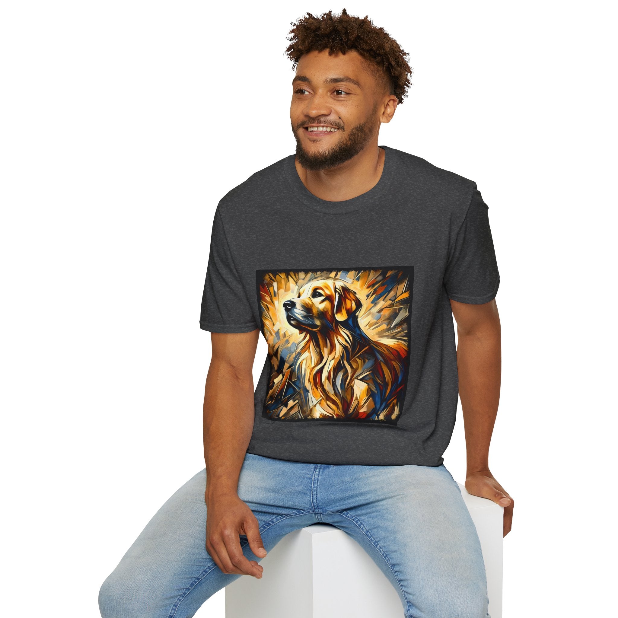 Male model in dark heather dog t-shirt featuring golden retriever portrait with fiery gold, blue, and amber abstract swirls.