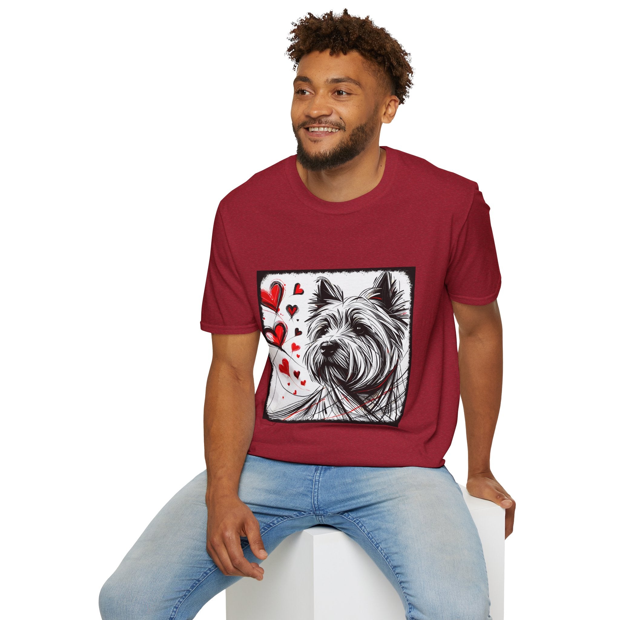 Male model in antique cherry red dog t-shirt featuring sketch-style Westie with red hearts and abstract black line accents.