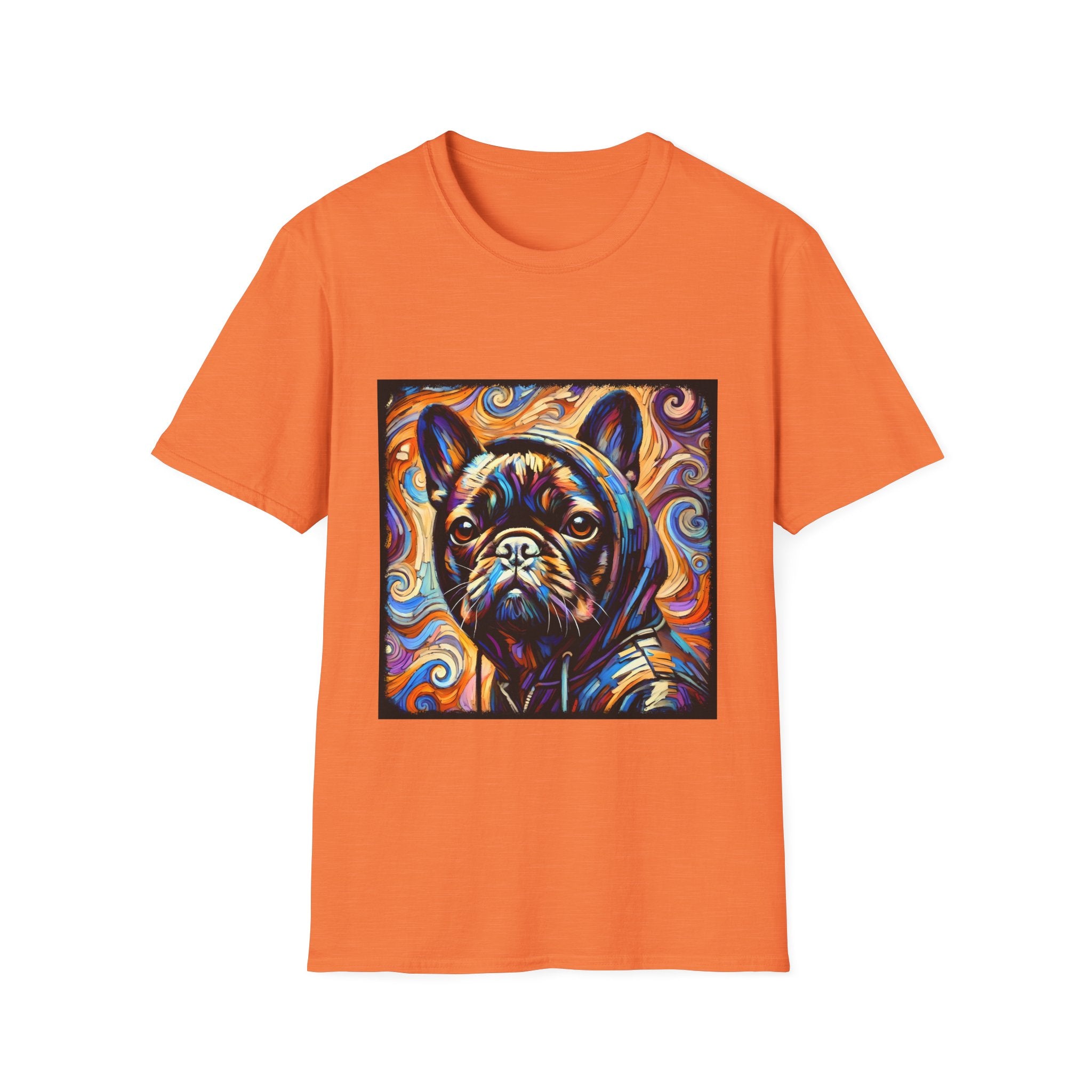 Dog t-shirt in bright orange featuring colorful French Bulldog in hoodie, set against vivid swirl-patterned background.