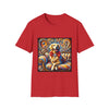 Red dog t-shirt featuring golden retriever with red bow on colorful swirl settee background.