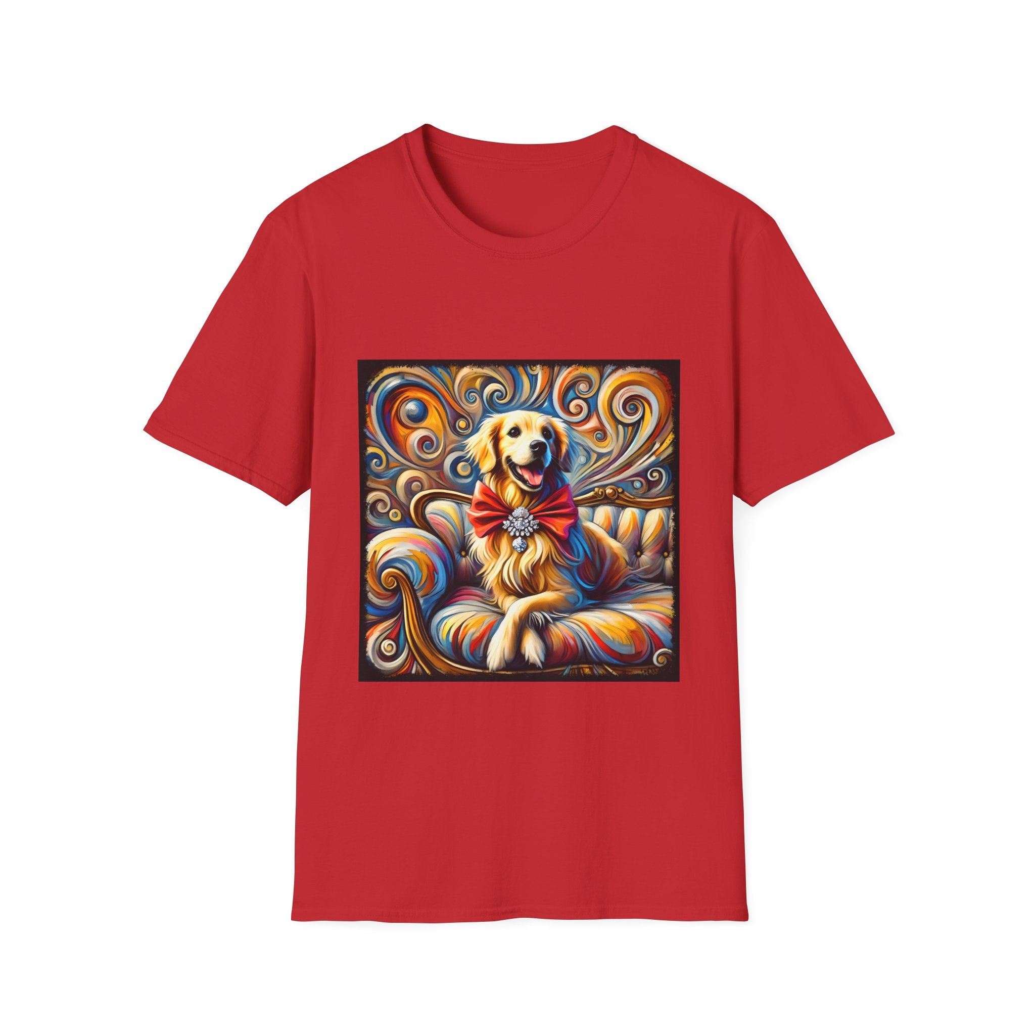 Red dog t-shirt featuring golden retriever with red bow on colorful swirl settee background.