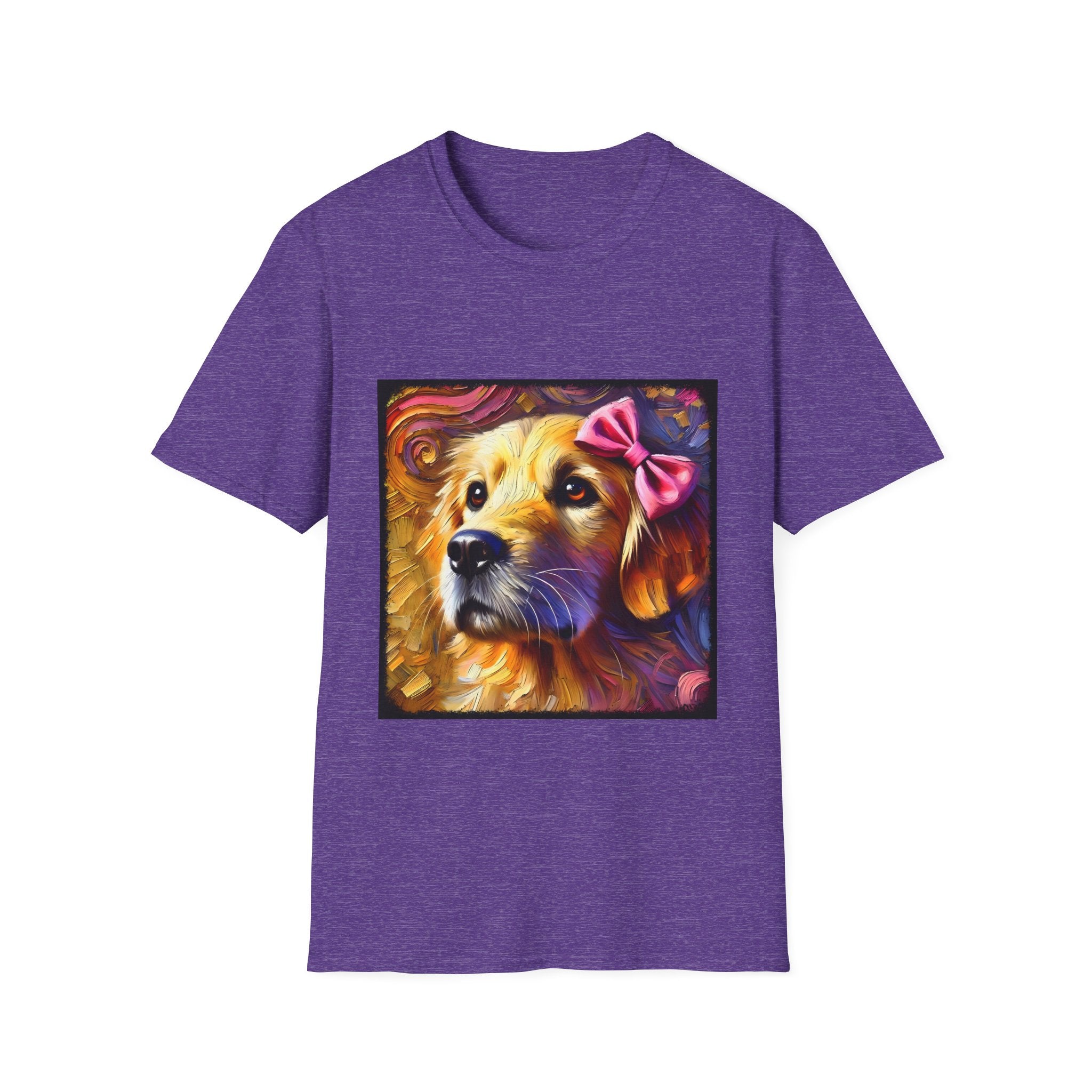 Heather purple dog t-shirt featuring golden retriever with pink bow on head, set against vivid painterly swirls.