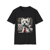 Black dog t-shirt featuring a Westie in a red tie seated on a tufted chair in a wood-accent room.