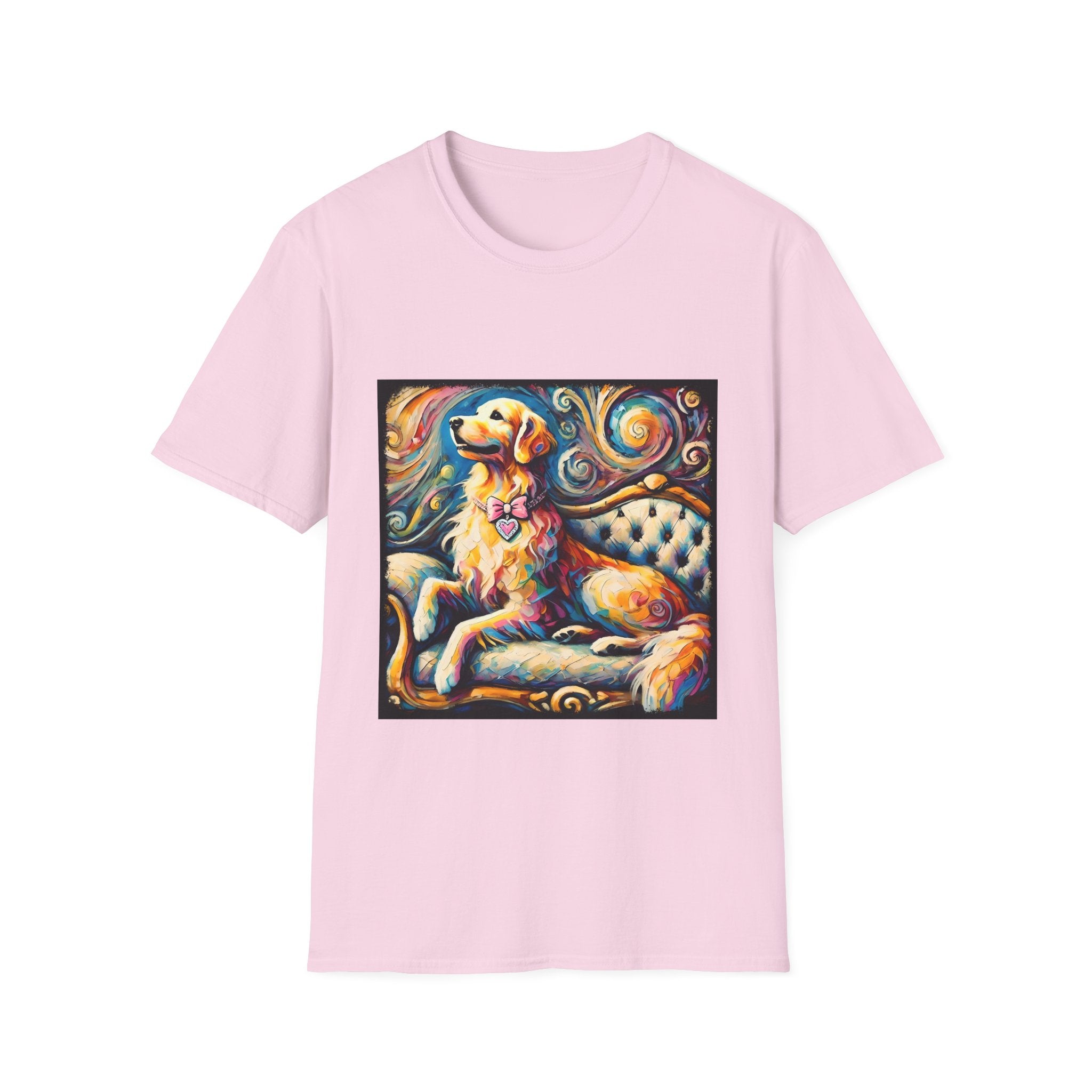 Light pink dog t-shirt featuring golden retriever with pink heart collar on colorful tufted settee.