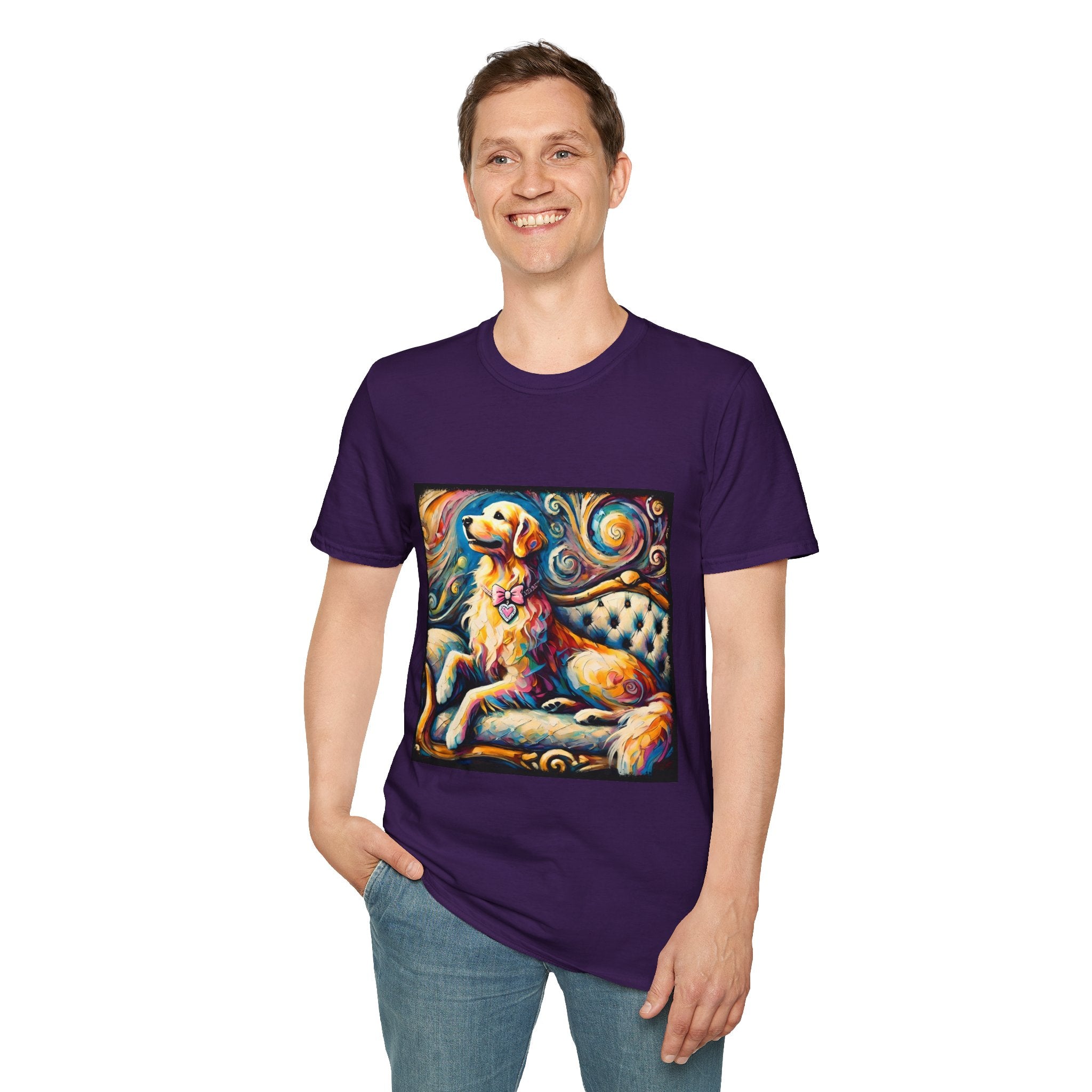 Male standing in purple dog t-shirt featuring golden retriever with pink heart collar on colorful tufted settee.