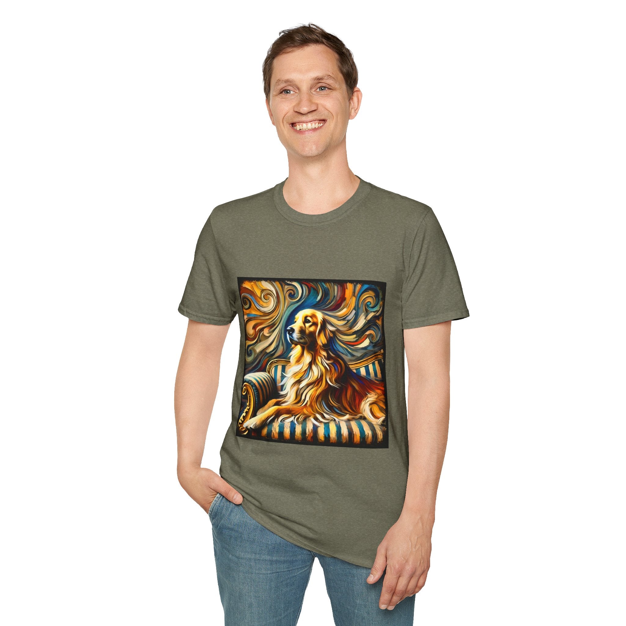 Male model in heather military green dog t-shirt featuring golden retriever on striped settee with swirling abstract background in golds.