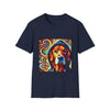 Navy dog t-shirt with golden retriever in blue hoodie, bold swirls in red, orange, and teal behind.