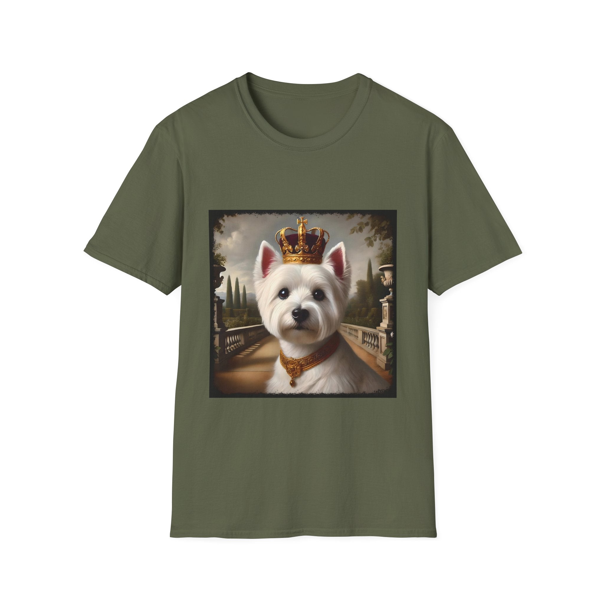 Military green dog t-shirt featuring regal Westie in gold crown and collar on palace terrace background.