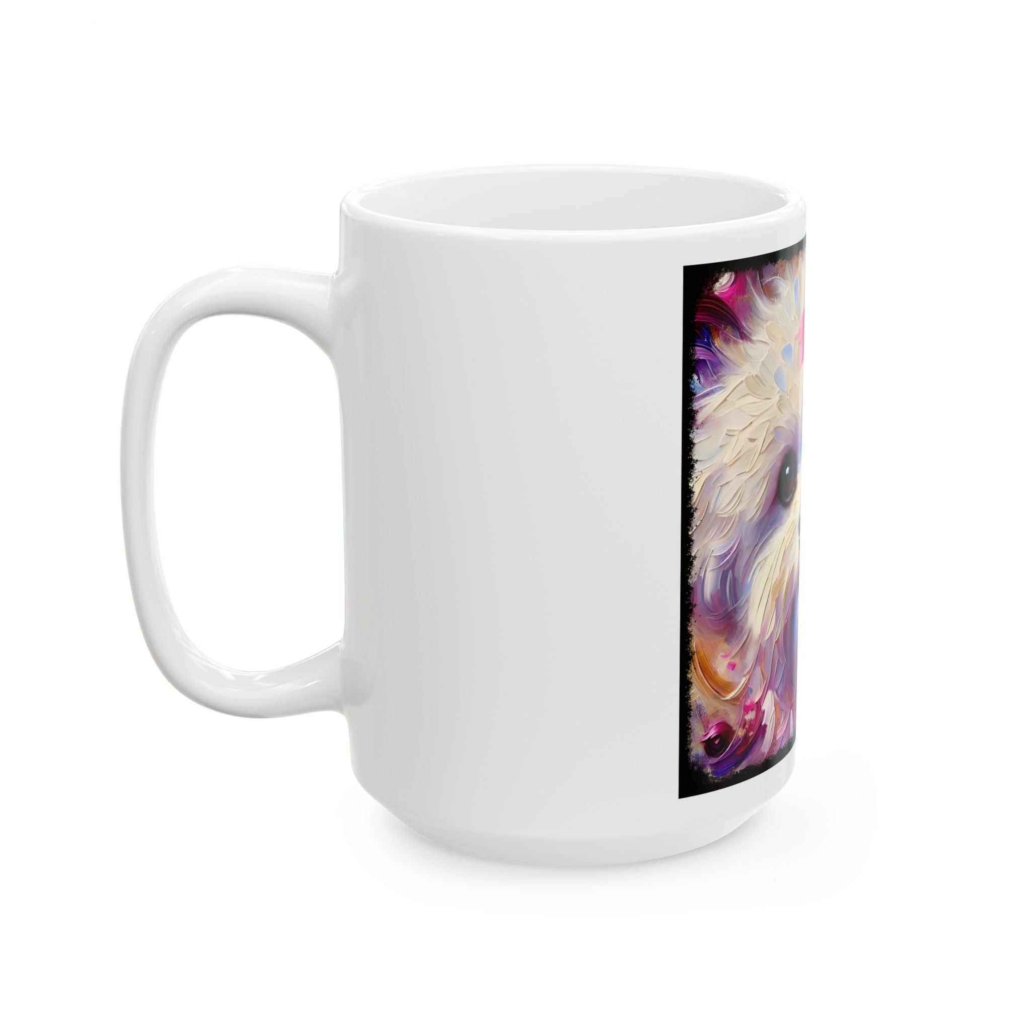 White mug with a colorful Bichon Frise design on a white background